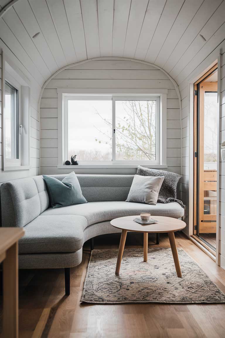 A Scandinavian tiny house living room with a light grey curved sofa, a round wooden coffee table, and a large window that lets in natural light. A few throw pillows and a small rug add texture and comfort to the space.