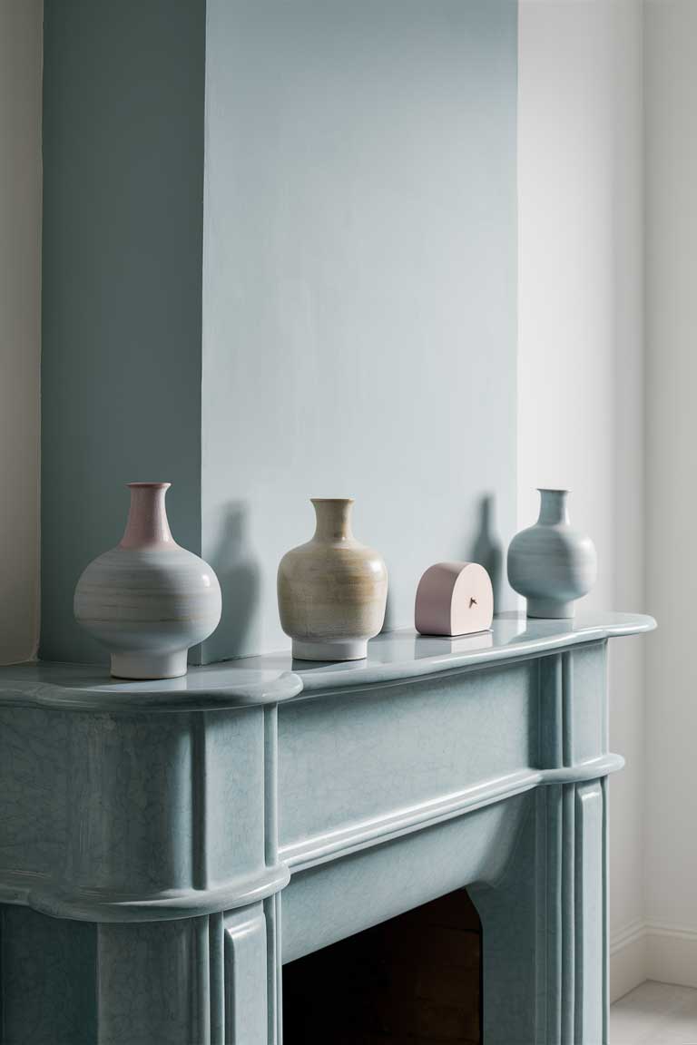 A minimalist living room with a fireplace painted in a soft pastel blue hue. The mantel is adorned with a few pastel-colored ceramic vases and a minimalist pastel-toned clock, creating a serene, gallery-inspired focal point.