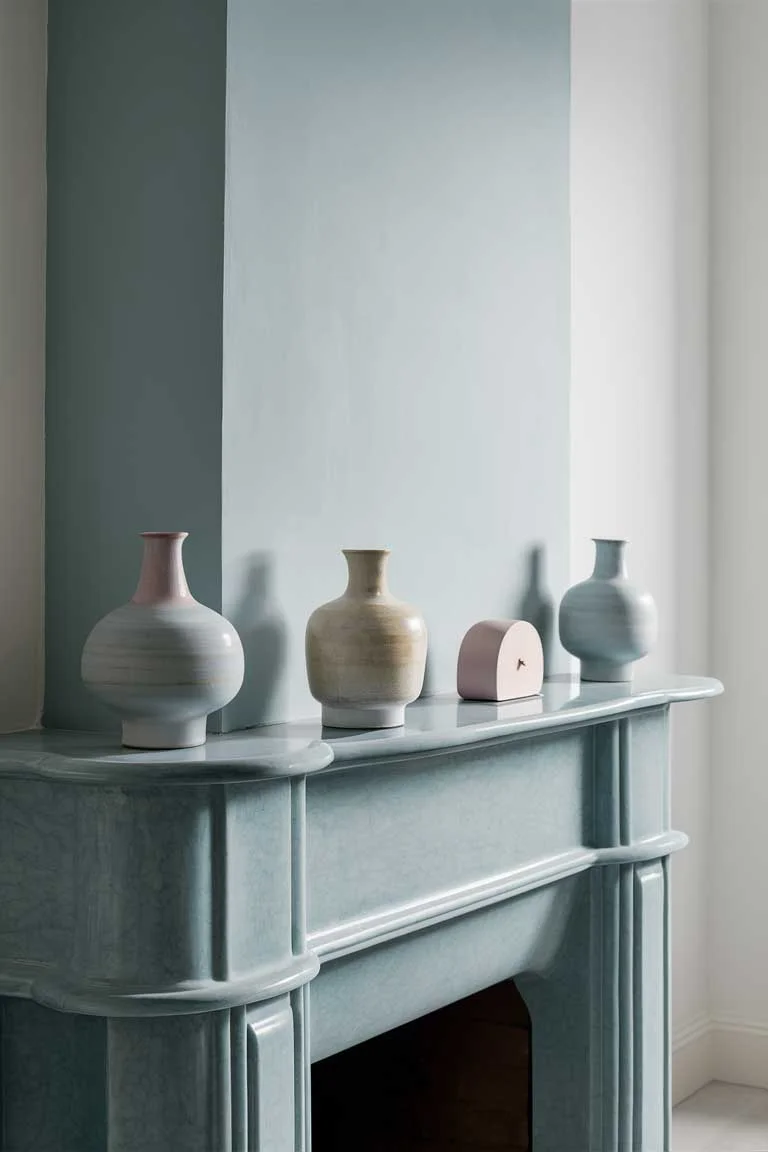 23 Minimalist Pastel Living Room Ideas to Elevate Your Style 18 A minimalist living room with a fireplace painted in a soft pastel blue hue. The mantel is adorned with a few pastel-colored ceramic vases and a minimalist pastel-toned clock, creating a serene, gallery-inspired focal point.