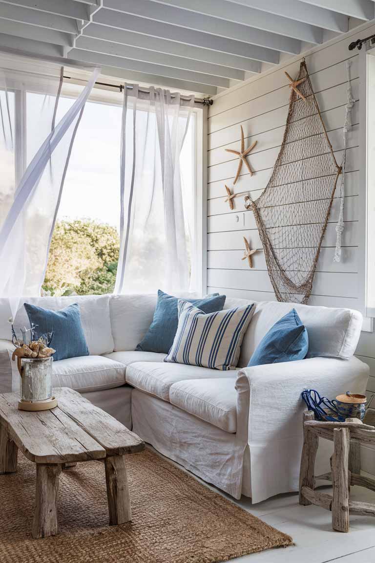 A bright and airy rustic tiny living room with coastal influences. The space features a small white linen sofa with blue and white striped pillows. A driftwood coffee table sits atop a jute rug. One wall has shiplap painted in a soft white, decorated with a piece of fishing net and starfish. A large window lets in plenty of light, and sheer white curtains billow gently, adding to the beachy atmosphere.