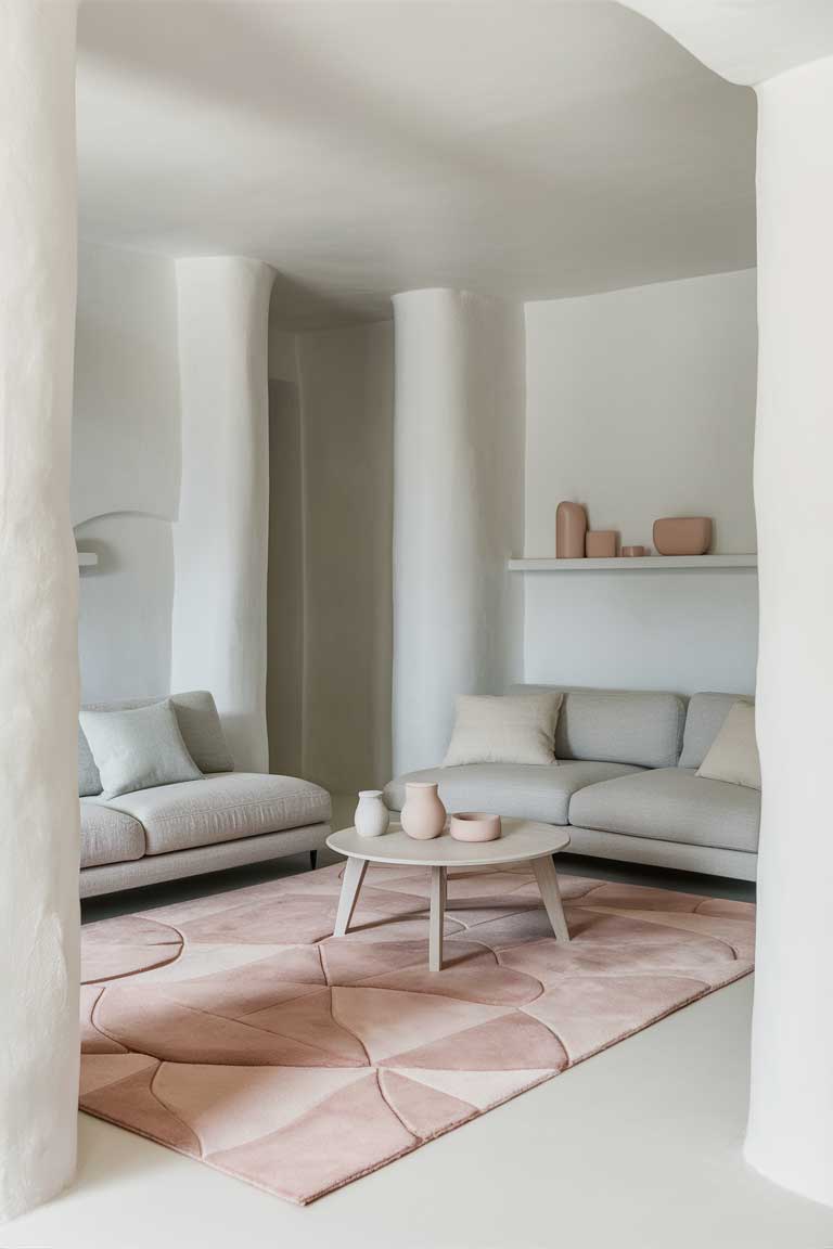 A minimalist living room with white walls, a light gray sofa, and a soft pastel pink rug with an abstract geometric pattern. A light wood coffee table holds a few pastel decor items.