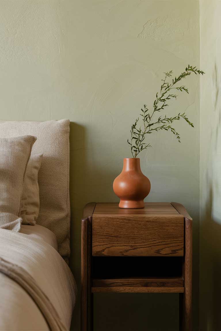 A detail shot of a bedside table in warm, medium-toned wood. On it sits a terracotta vase with a single branch of green leaves. The wall behind is painted in a very pale sage green, adding a subtle earthy touch to the neutral scheme.