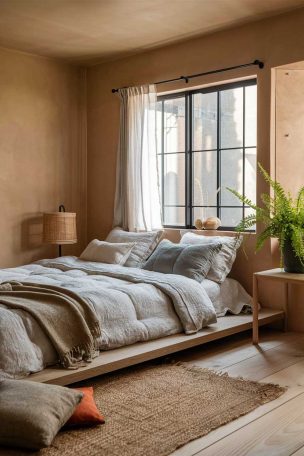 A wide-angle view of a small, serene bedroom with soft beige walls, featuring a low wooden platform bed with white linen bedding. The room has a large floor-to-ceiling window with sheer white curtains, allowing natural light to flood the space. A single green potted plant sits on a minimalist nightstand, and there's a woven jute rug on the light wooden floor. The overall aesthetic is clean, airy, and calming, embodying the Japandi style.