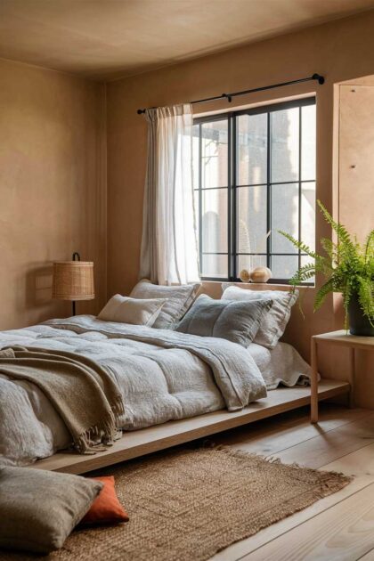 51 Japandi Bedroom Ideas for Small Rooms: Zen Makeover 56 A wide-angle view of a small, serene bedroom with soft beige walls, featuring a low wooden platform bed with white linen bedding. The room has a large floor-to-ceiling window with sheer white curtains, allowing natural light to flood the space. A single green potted plant sits on a minimalist nightstand, and there's a woven jute rug on the light wooden floor. The overall aesthetic is clean, airy, and calming, embodying the Japandi style.