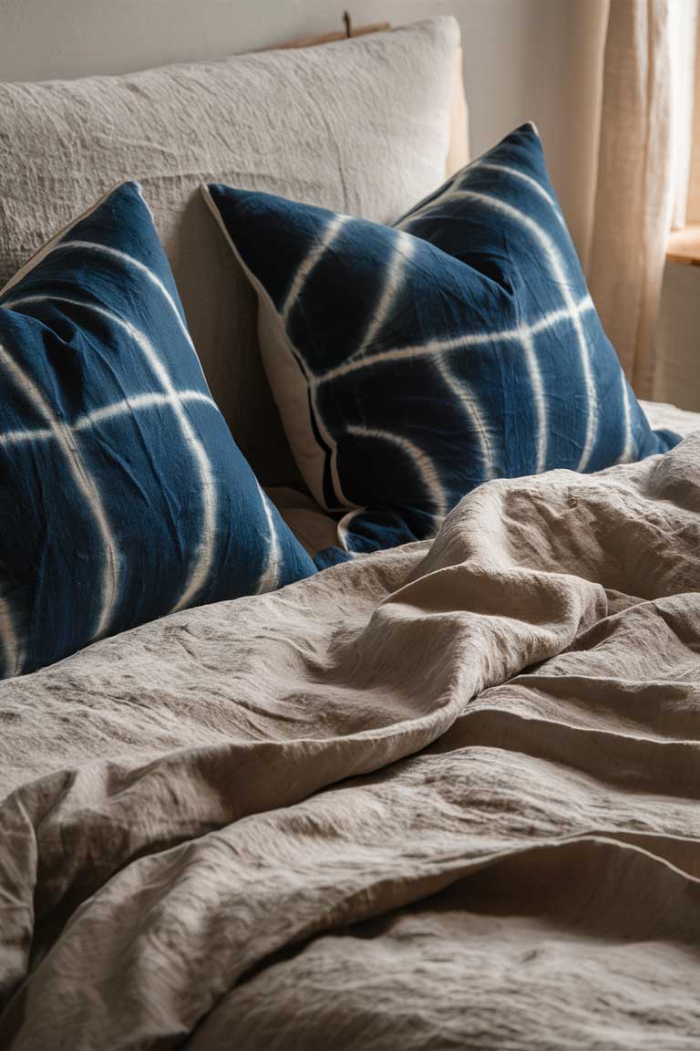 A detailed shot of the head of a bed with two shibori-dyed pillows in indigo blue and white. The pillows feature a subtle, organic pattern that adds interest without overwhelming the neutral bedding. A light beige linen duvet cover provides a soft backdrop for the pillows.