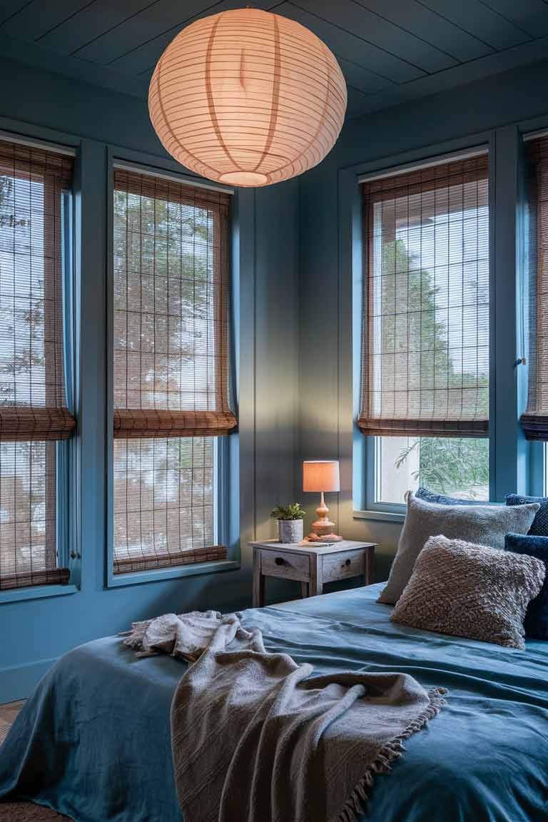 A dimly lit bedroom with a large paper lantern hanging from the ceiling, casting a warm glow. Floor-to-ceiling windows are partially covered with bamboo blinds, filtering the natural light. A small table lamp with a paper shade sits on a wooden bedside table.