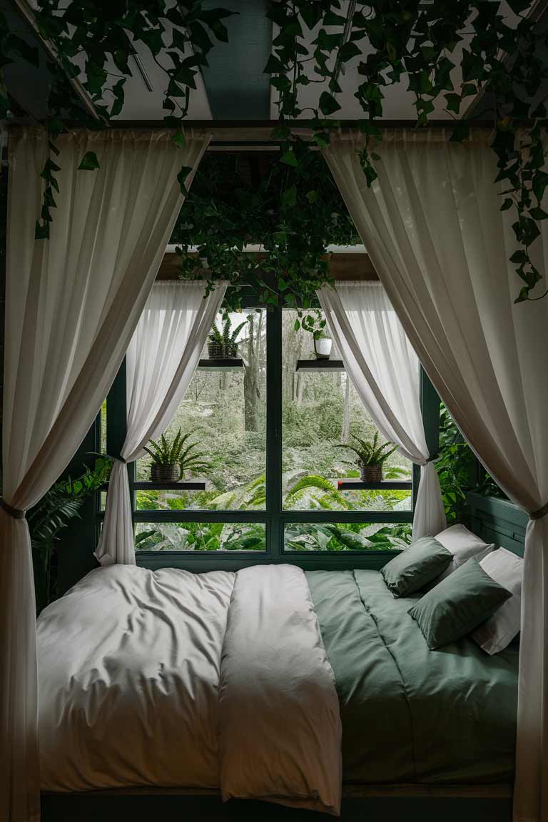 A tiny house bedroom with a large window showing a forest view. The room has a small canopy bed with white curtains, ferns on floating shelves, and ivy trailing down from the ceiling. The bedding is white with green accents.