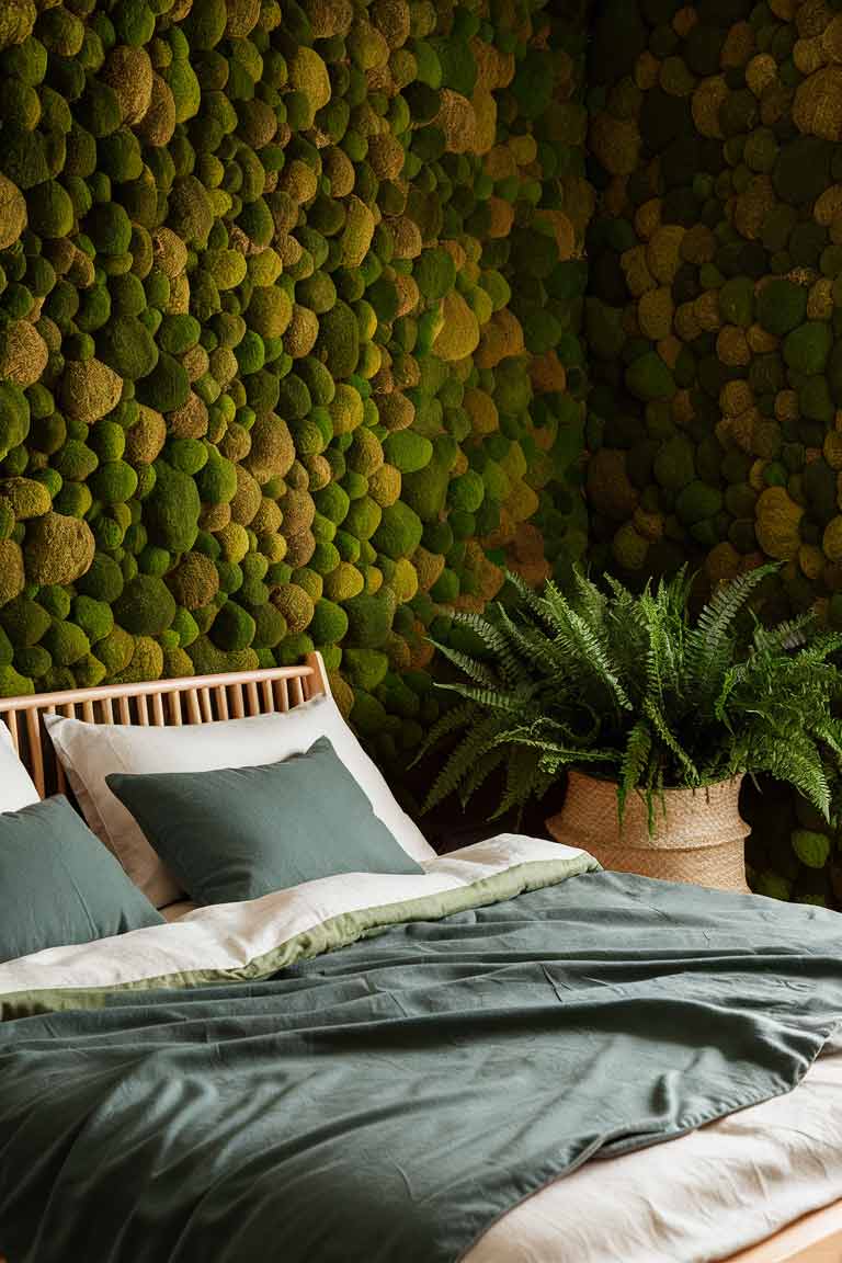 A small bedroom with a wall covered with a moss texture. A wooden bed with white and green bedding sits opposite. A large fern in a woven basket occupies one corner, and natural wood accents are seen in the furniture and decor.