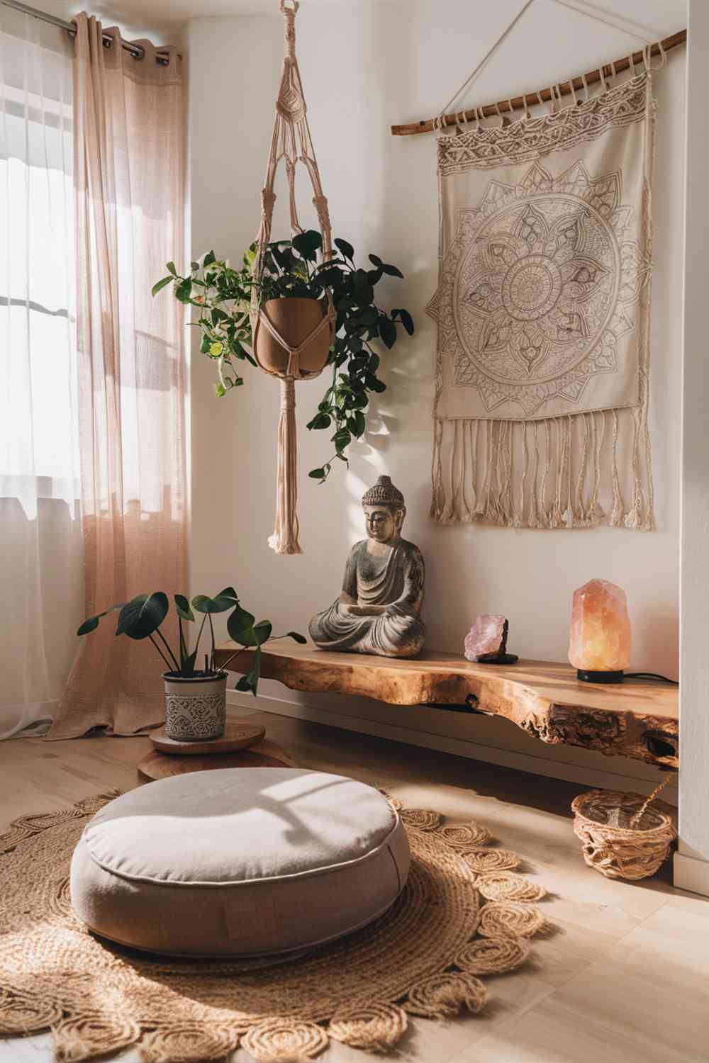 A serene meditation corner in a minimalist boho bedroom. A round meditation cushion in a natural linen fabric sits on a small, circular jute rug. Behind it, a low wooden shelf serves as a simple altar, holding a few meaningful objects: a small Buddha statue, a crystal, and a ceramic bowl for incense. A trailing plant in a macramé hanger hangs from the ceiling, creating a natural canopy over the space. The wall is adorned with a simple tapestry featuring a mandala design in muted colors.