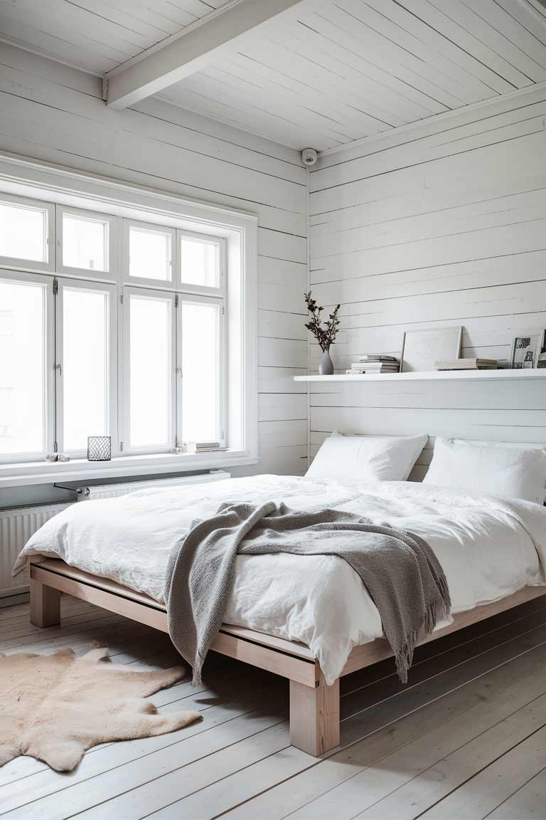 A tiny Scandinavian-inspired bedroom with white walls and light wood flooring. The bed has a simple wooden frame and is dressed in crisp white linens with a gray throw blanket. A single floating shelf above the bed holds a few minimalist decor items. A large window with sheer white curtains lets in ample natural light, and a small sheepskin rug adds texture to the floor.