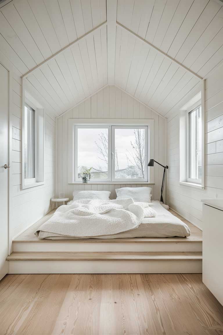 A tiny house bedroom with a minimalist Scandinavian design. White walls and light wood flooring create a bright atmosphere. A low-profile platform bed with crisp white linens sits beneath a large window. Simple, functional furniture includes a small side table and a sleek floor lamp.