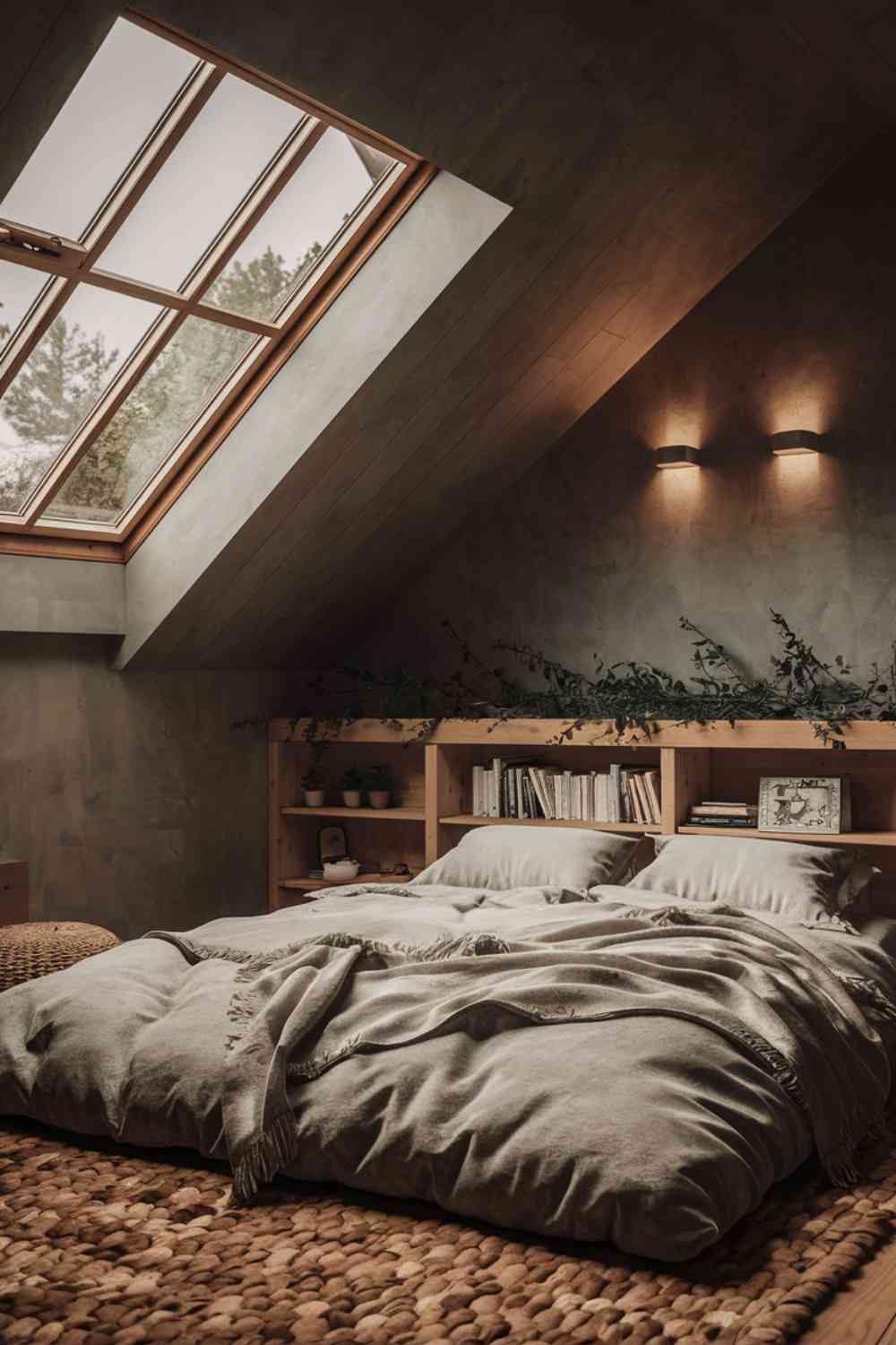 A Scandinavian minimalist attic bedroom with a slanted roof and a large skylight letting in natural light. The walls are painted a warm gray. A low bed is tucked under the slant, with a built-in wooden shelf above serving as a headboard and storage space. A simple wall sconce provides reading light. The room feels snug and cozy despite its small size.