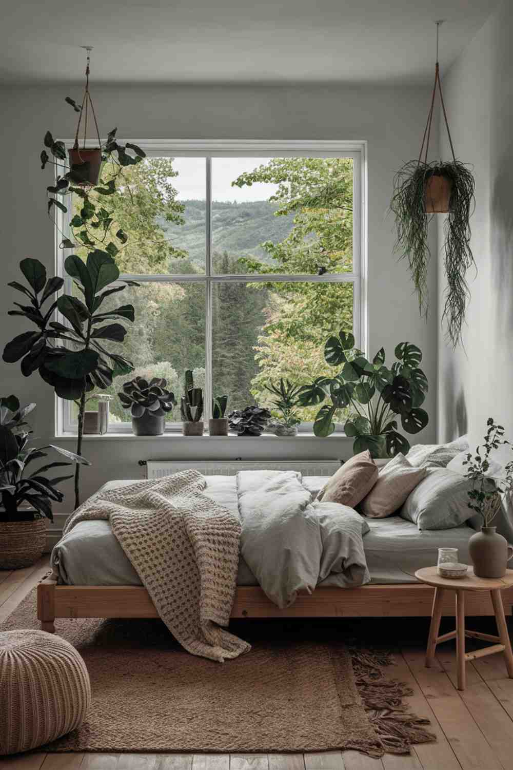 A Scandinavian minimalist bedroom that seamlessly incorporates natural elements. A large window frames a view of green trees outside. Inside, several potted plants of varying sizes add life to the space - a tall fiddle leaf fig in one corner, small succulents on the windowsill, and a hanging plant by the bed. The bed frame is made of light, natural wood, and a jute rug adds organic texture to the floor.