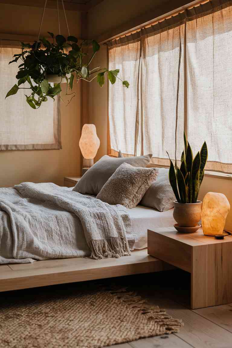 A cozy Japandi bedroom with a low wooden platform bed dressed in layers of neutral linen bedding. On the nightstand, a small snake plant sits in a textured ceramic pot next to a warm-toned table lamp. Above, a hanging planter with a trailing pothos adds greenery without cluttering the space. Soft, warm light filters through textured linen curtains, creating a snug and inviting atmosphere.