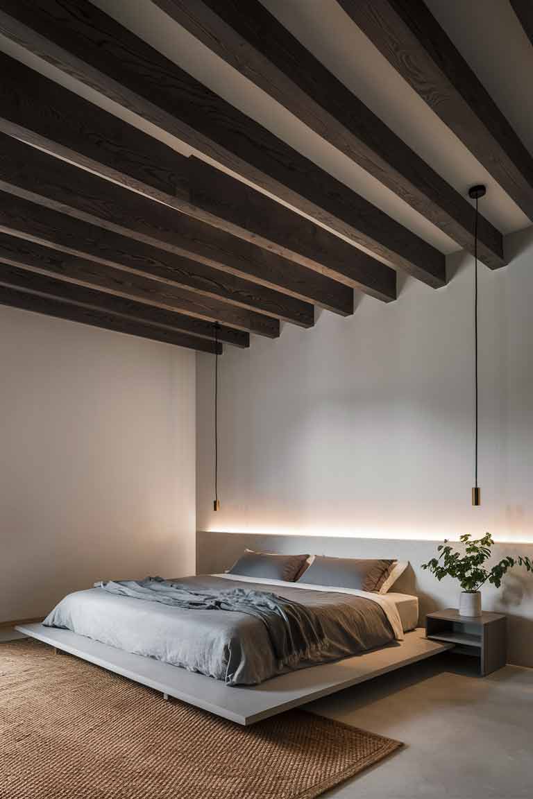 A bedroom ceiling with exposed dark wood beams against a white background. The beams create a striking contrast and add visual interest to the space. A simple pendant light hangs from one of the beams.