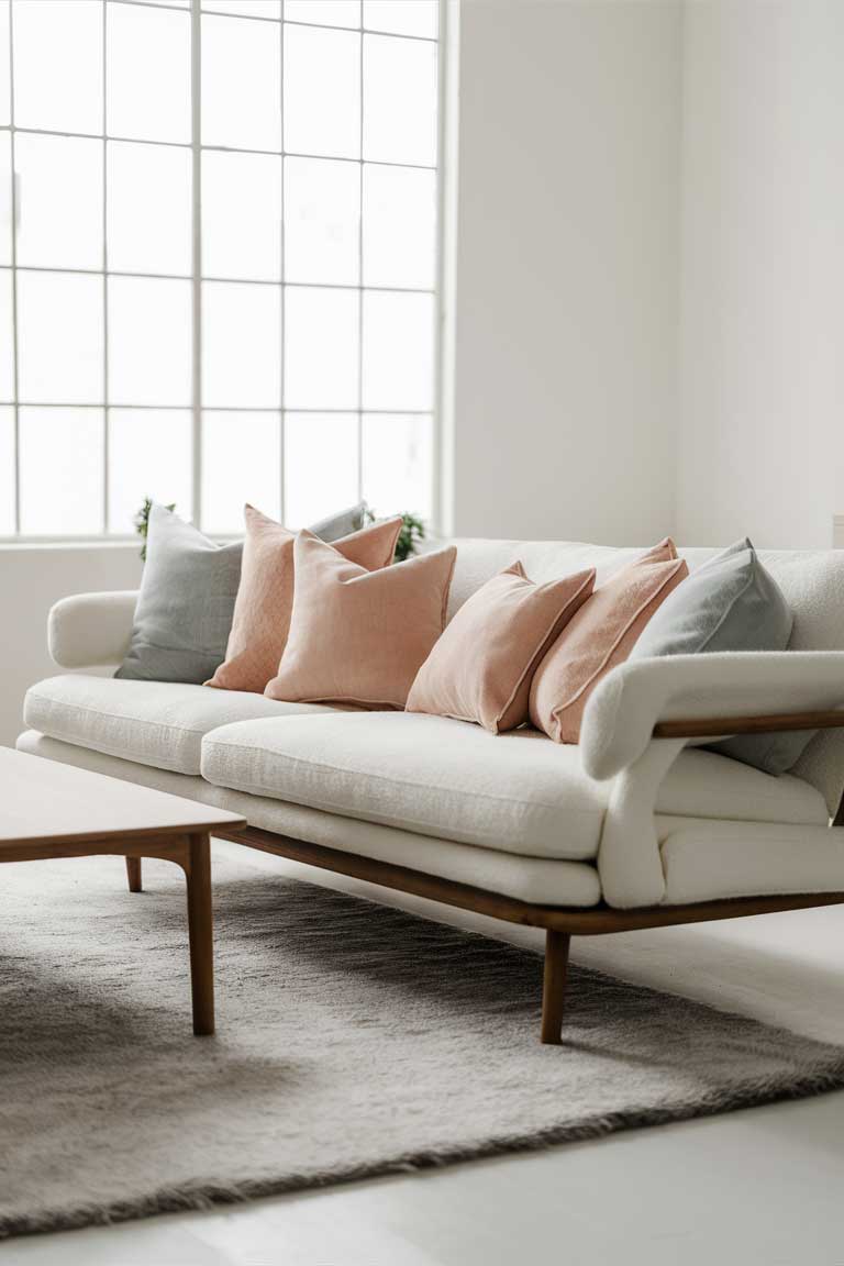 A minimalist living room with a white mid-century modern sofa, featuring pastel-colored throw pillows. The room has a light wood coffee table and a soft gray rug, with a large window allowing natural light to flood in.