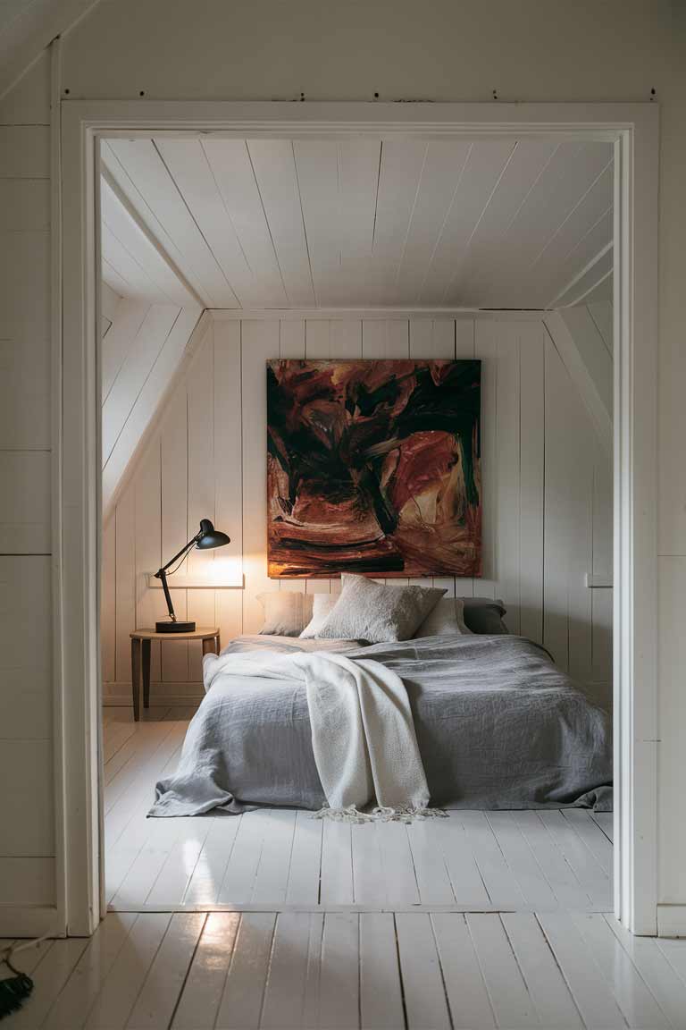 A tiny house bedroom with a modern Scandinavian design. The walls are white, and the floor is light wood. A simple white bed frame is dressed with gray and white bedding. A sleek wooden nightstand holds a black metal lamp. Above the bed hangs a large, colorful abstract painting, adding a pop of color to the otherwise neutral space.