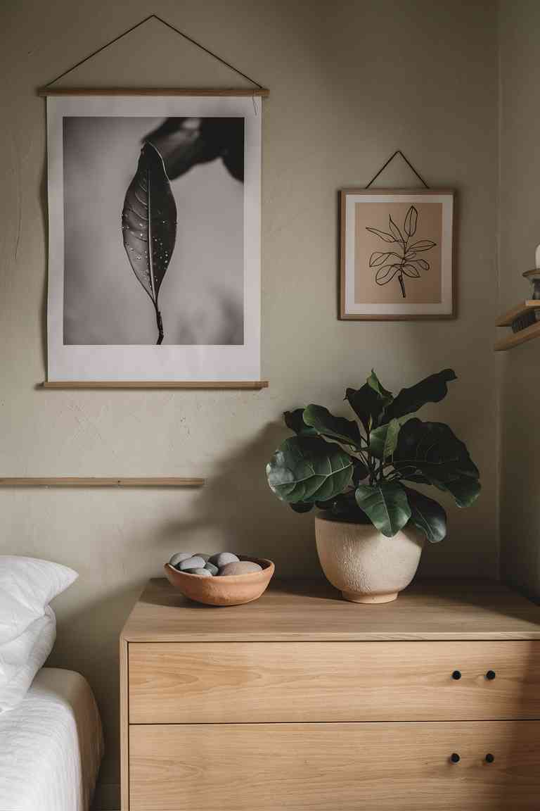 A section of a Japandi bedroom wall featuring carefully curated artwork. A large, minimalist black and white photograph of a single leaf hangs above a low wooden dresser. Next to it, a smaller framed botanical line drawing adds a delicate touch. On the dresser, a medium-sized potted plant echoes the natural themes in the artwork. The wall is painted in a soft, warm gray, providing a perfect backdrop for both the art and the plant.