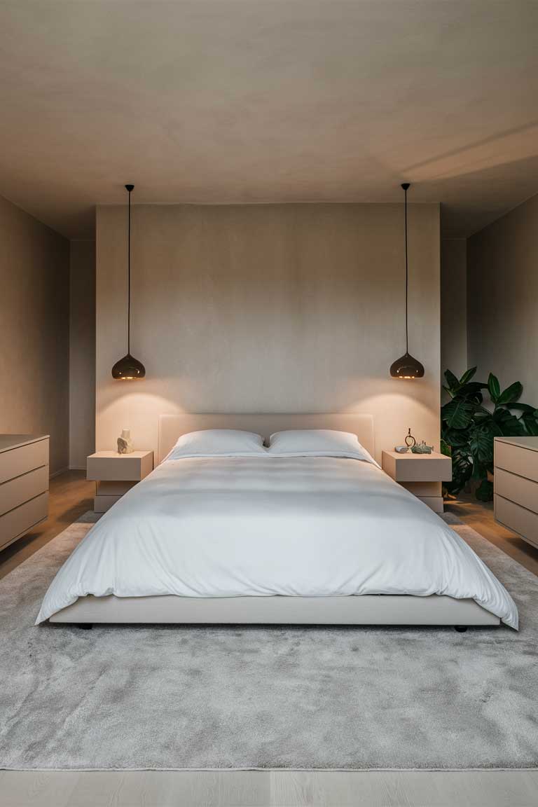 A minimalist bedroom layout. The bed is centered on one wall with clear pathways on either side. A sleek dresser is placed opposite the bed, and two small nightstands flank the bed. The room feels balanced and easy to navigate.