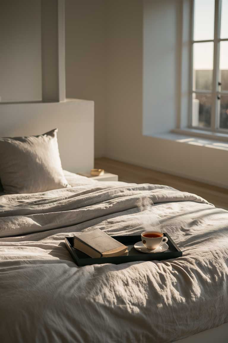 A tiny, pristine bedroom with a perfectly made bed as the centerpiece. A small tray on the bed contains a book and a cup of tea, suggesting a peaceful morning routine.