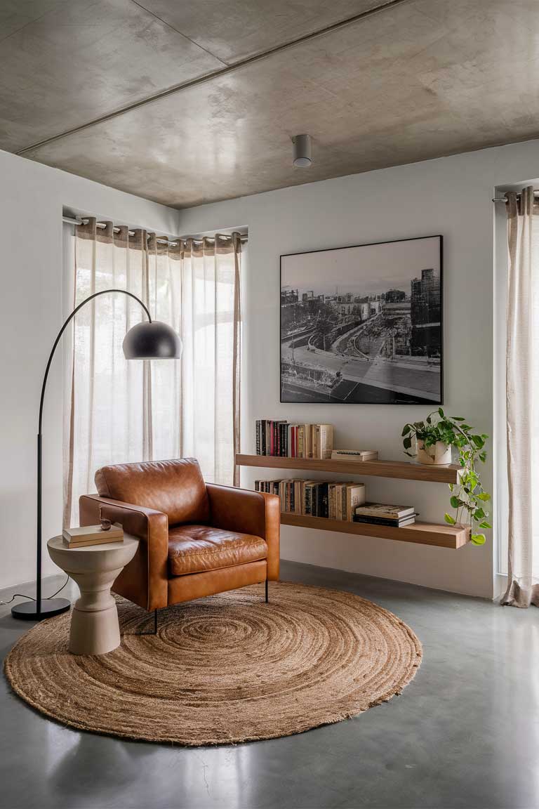 A cozy reading nook in an industrial minimalist living room, illuminated by a sleek adjustable floor lamp with a matte black finish. The lamp arches over a comfortable leather armchair, providing focused light. On a nearby side table, a small table lamp with a concrete base and fabric shade adds a softer touch to the industrial elements.