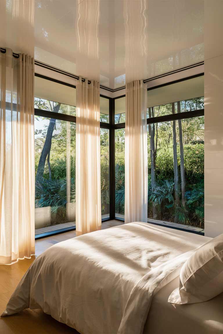 A bright small bedroom flooded with natural light. Large windows take up most of one wall, with sheer curtains softly filtering the sunlight. The walls are painted in a light, reflective color. The bed is positioned to take advantage of the forest view, dressed in crisp white linens.