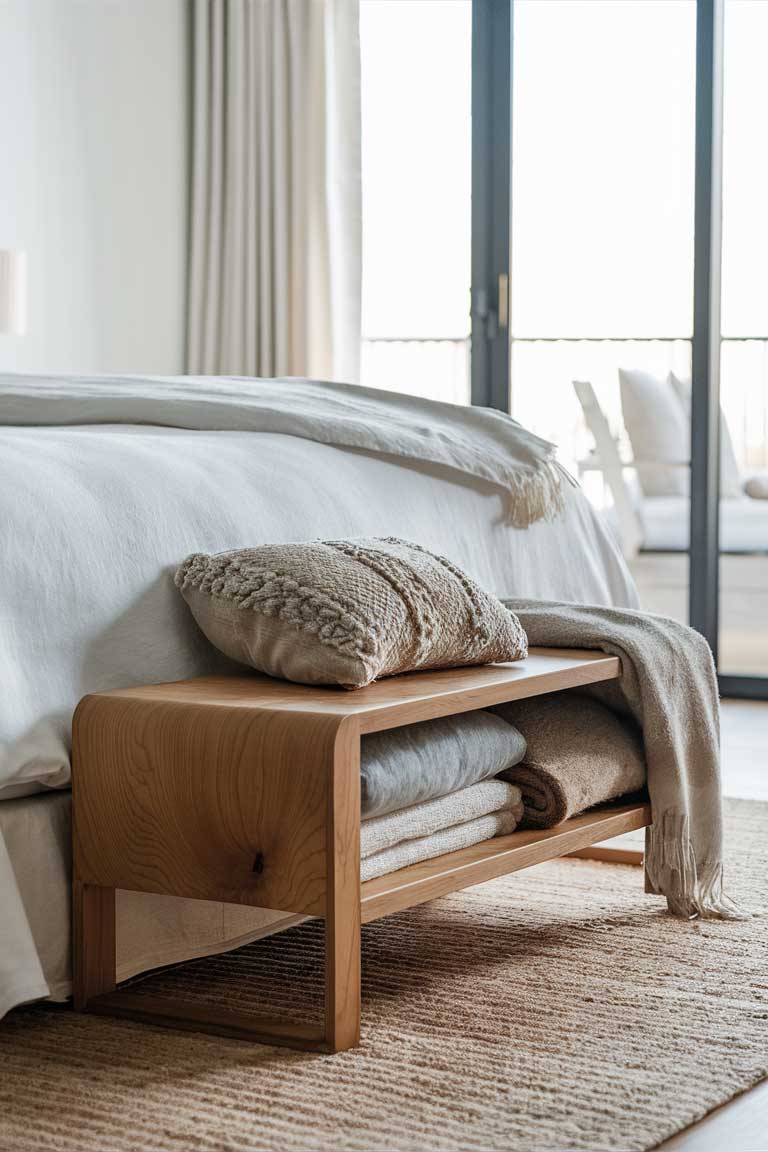 A view of the foot of a bed with a simple wooden bench placed across it. The bench has a hinged top, partially lifted to reveal storage space inside. A soft beige cushion sits on top, making it a comfortable seat as well as a practical storage solution.