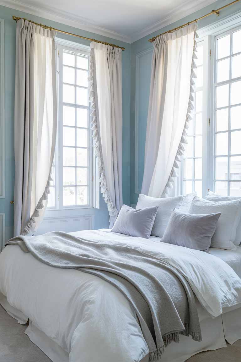 A small bedroom interior with walls painted in a soft, pale blue. The bedding and curtains are in varying shades of white and light gray, creating a cohesive and airy feel. A large window allows natural light to flood the space, enhancing the light and spacious atmosphere.