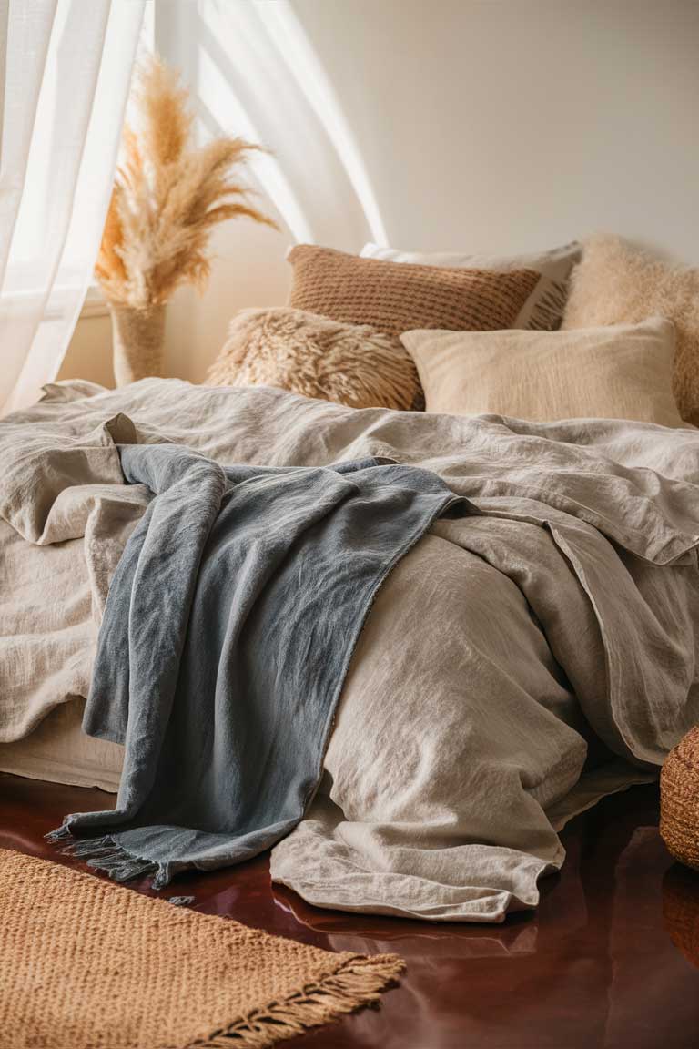 A close-up of a bed dressed in rumpled linen bedding in neutral tones. An indigo throw is casually draped over the foot of the bed. In the foreground, a corner of a natural fiber rug is visible, adding texture to the wooden floor.