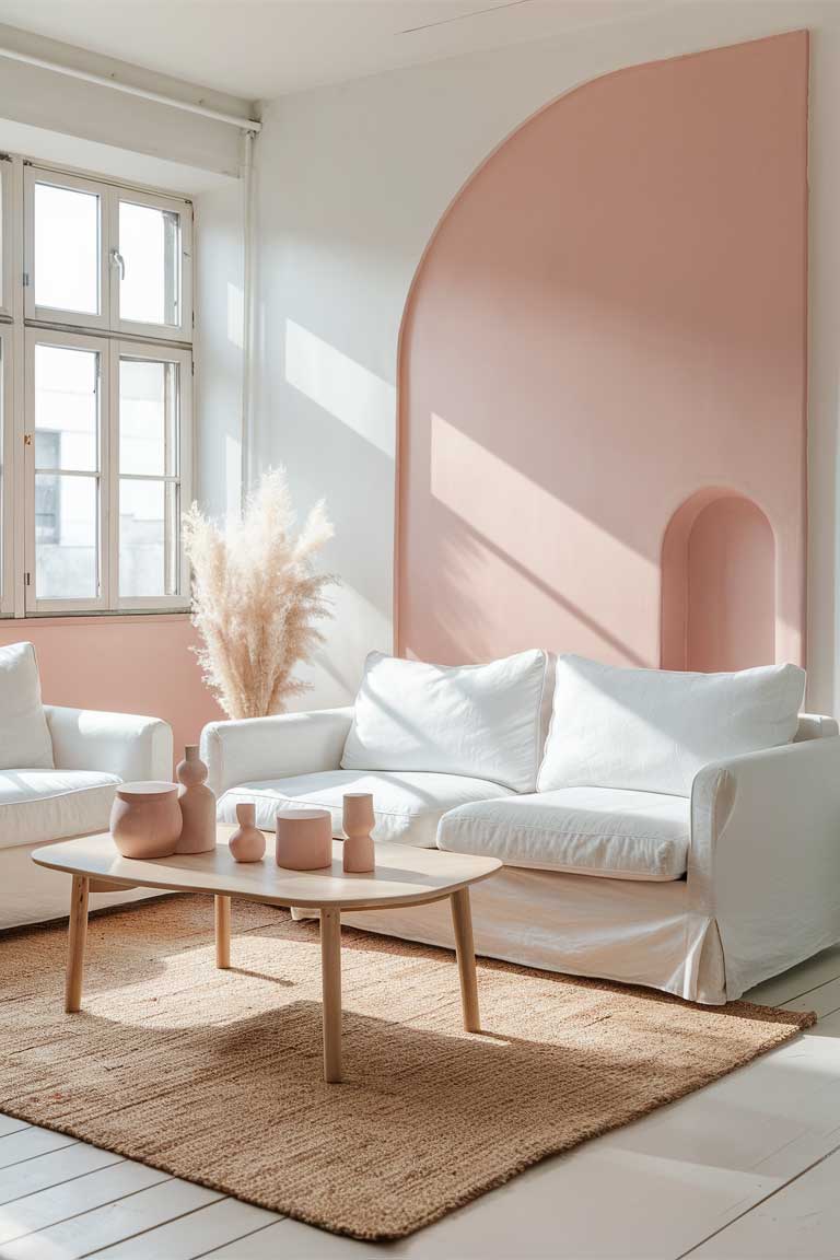 A minimalist living room with a pastel pink accent wall, a white sofa, and a light wood coffee table holding a few pastel decorative items. A soft beige rug and large windows complete the calming, cohesive look.