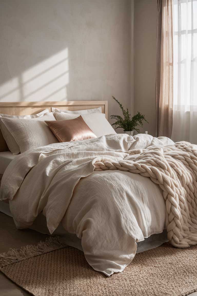 A styled bed with layers of textiles showcasing different textures - a rumpled linen duvet cover, crisp cotton sheets, a chunky wool throw, and a silk accent pillow. The bed is set against a neutral wall with a minimalist wooden headboard.