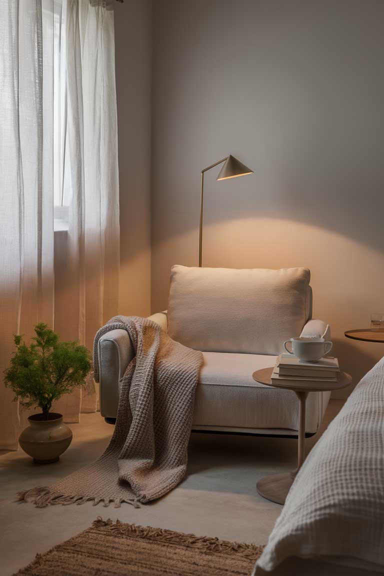 A cozy, minimalist bedroom corner exuding warmth and tranquility. A low-profile beige armchair with clean lines sits invitingly, draped with a soft, knitted throw blanket in a subtle, muted tone that adds texture. Next to the armchair, a small, round wooden side table features a neatly stacked set of hardcover books and a delicate porcelain cup of tea, accompanied by a matching saucer. A sleek, modern floor lamp with a slender design emits a soft, warm glow, enhancing the overall ambiance. Beside the armchair, a small, vibrant green potted plant in a simple ceramic pot adds a touch of nature and freshness. Natural light filters through sheer, flowing white curtains, gently illuminating the space and creating a serene, peaceful atmosphere. The scene is further enriched by a plush, textured rug underfoot that adds a layer of comfort and coziness.