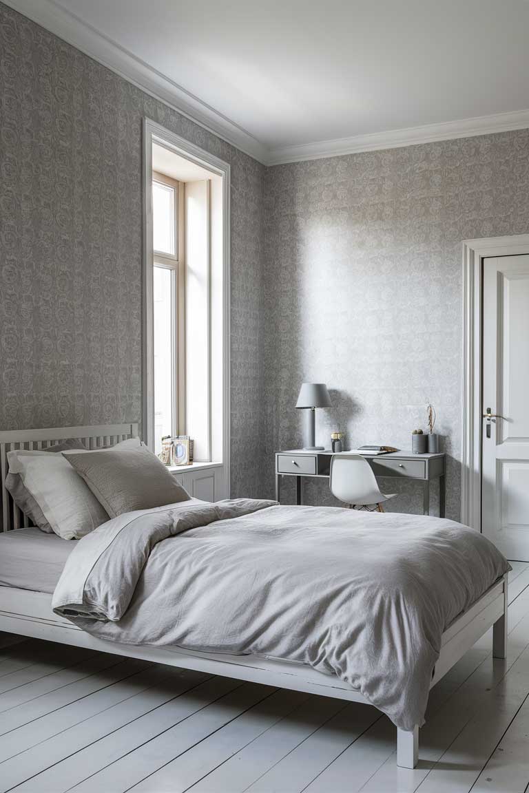 A small bedroom decorated entirely in shades of white and light grey. The walls, bedding, and furniture are all within this color palette, creating a serene and cohesive look.