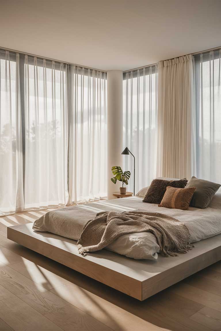 A minimalist bedroom with large windows covered in sheer white curtains. The natural light filters through, creating a soft, diffused glow across the room. A simple platform bed with white bedding is the focal point, while a sleek floor lamp in the corner provides additional lighting options.