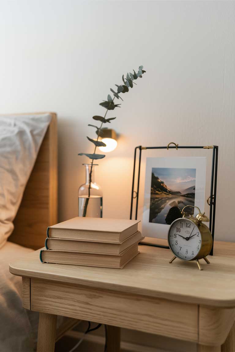 A minimalist bedside table with a stack of three hardcover books, a simple analog clock, and a small framed photograph. The arrangement is neat and purposeful, adding personality without clutter.