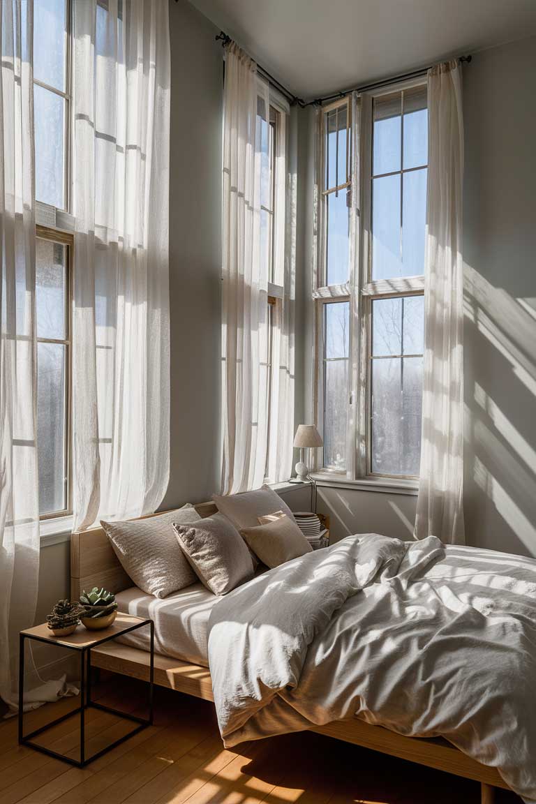 A minimalist bedroom with large windows covered in sheer white curtains. The sunlight is filtering through, casting soft shadows on a simple wooden bed and white bedding.