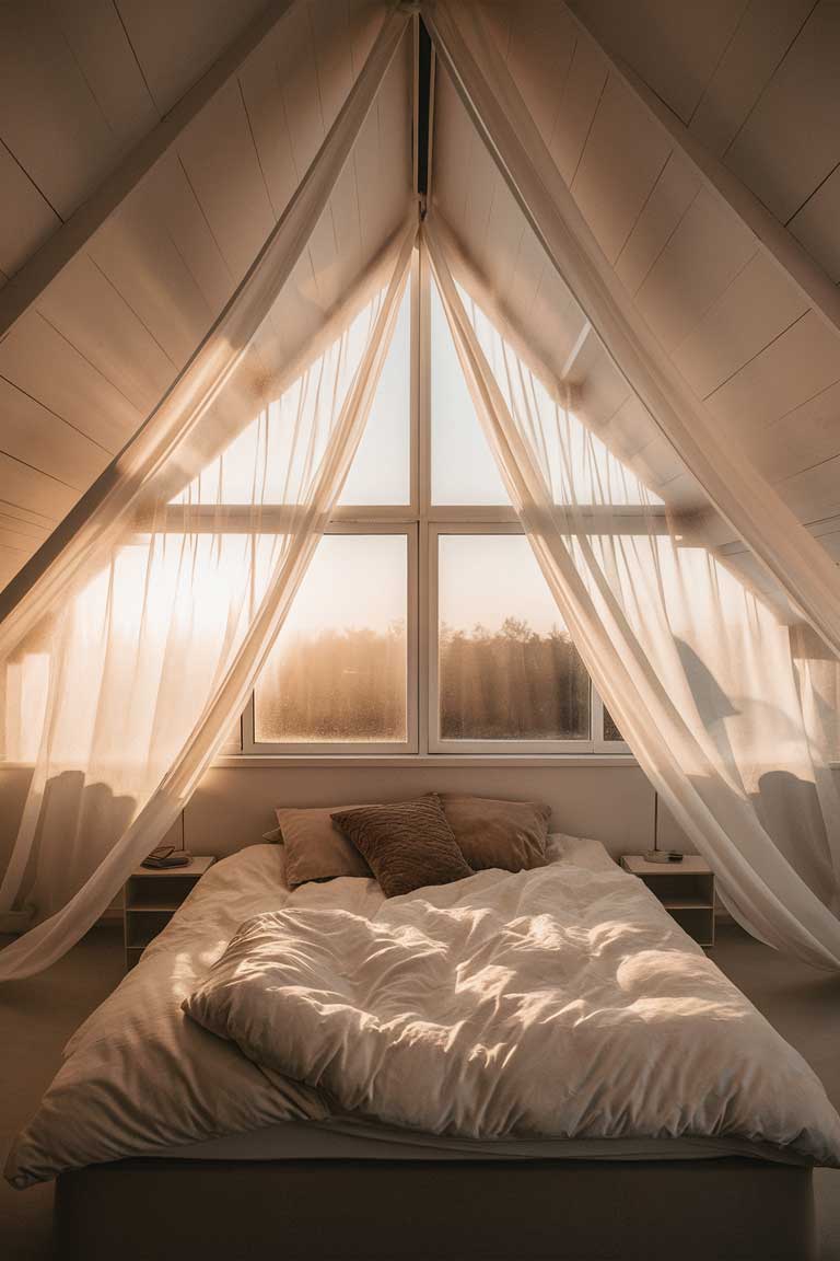 A tiny bedroom with a large window dressed in sheer white curtains that gently filter the sunlight. The curtains are hung from ceiling to floor, emphasizing the height of the room.