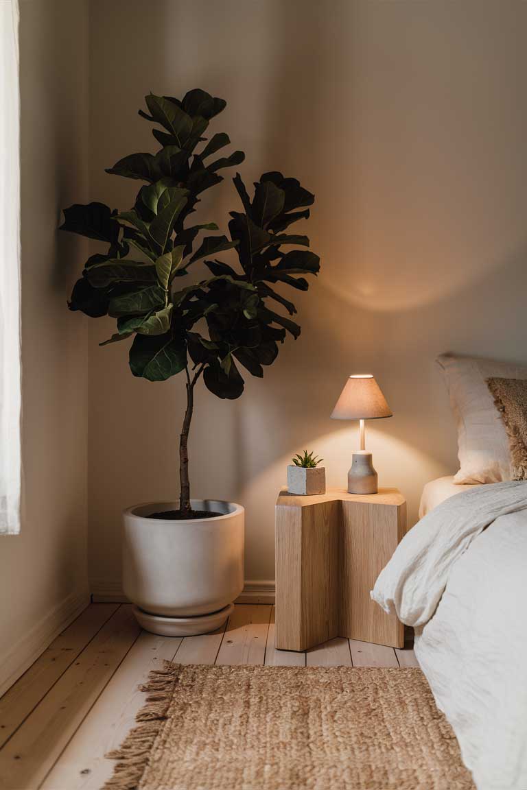 A corner of a minimalist bedroom with a tall fiddle leaf fig tree in a simple white pot. Next to it, a sleek side table holds a smaller succulent in a concrete planter.