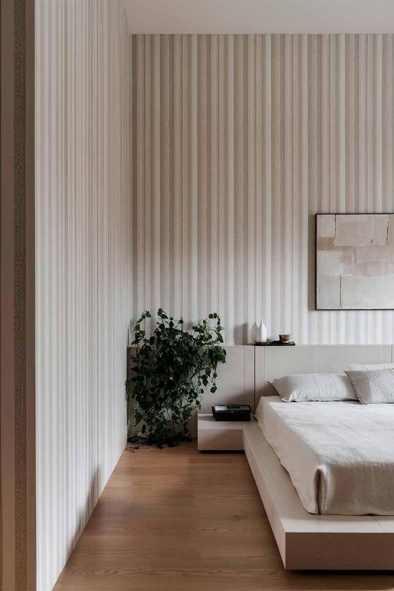 A close up of a small bedroom with vertical striped wallpaper in soft, neutral tones. The stripes extend from floor to ceiling. The room features minimal decor and a wood floor, with a simple platform bed, a small side table, a plant, and a single piece of art on the wall.