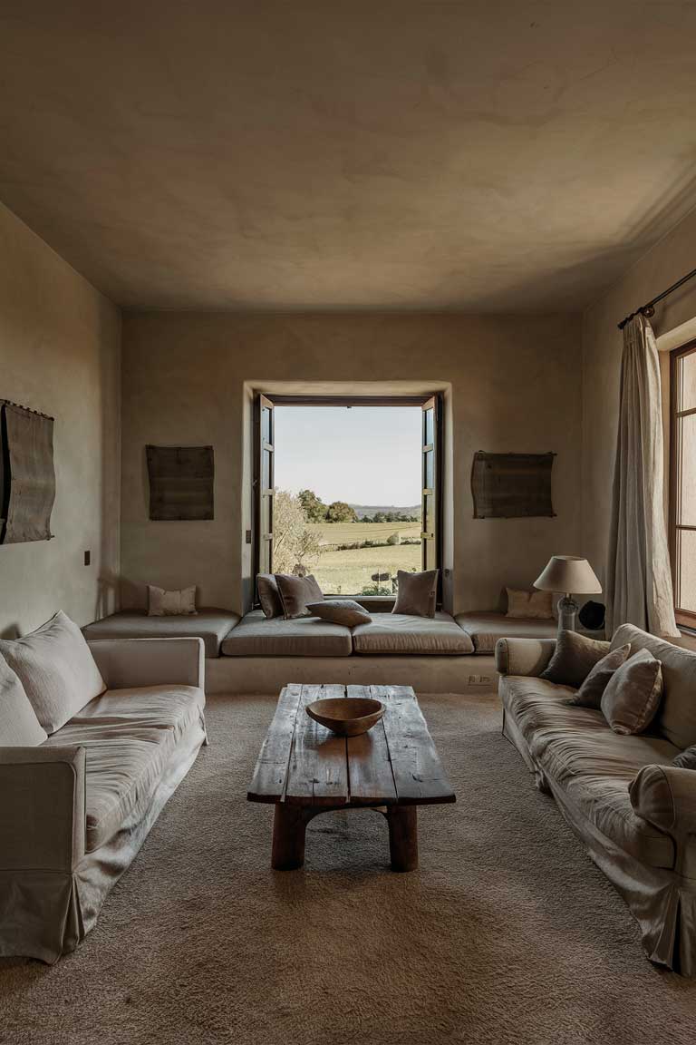 A serene and minimalist farmhouse living room that exudes warmth and simplicity. The room features a cozy sofa, a rustic wooden coffee table, and a large window with a picturesque view of the countryside. The walls are adorned with a few tasteful art pieces, and the floor has a plush, light-colored carpet. The room is filled with natural light, and the overall color scheme is earthy and calming.