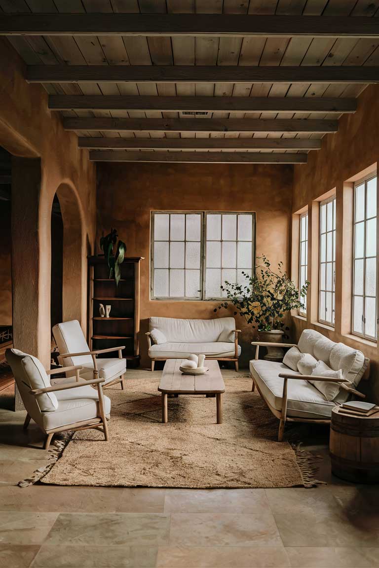 A serene and minimalist farmhouse living room, beautifully captured in the photo. The room features a carefully curated selection of rustic furniture, including a white sofa with wooden legs, a simple coffee table, and a large, cozy area rug. The walls are painted in warm, earthy tones, and large windows provide ample natural light. A few potted plants and a wooden bookshelf add a touch of personality to the space, creating an inviting and tranquil atmosphere.