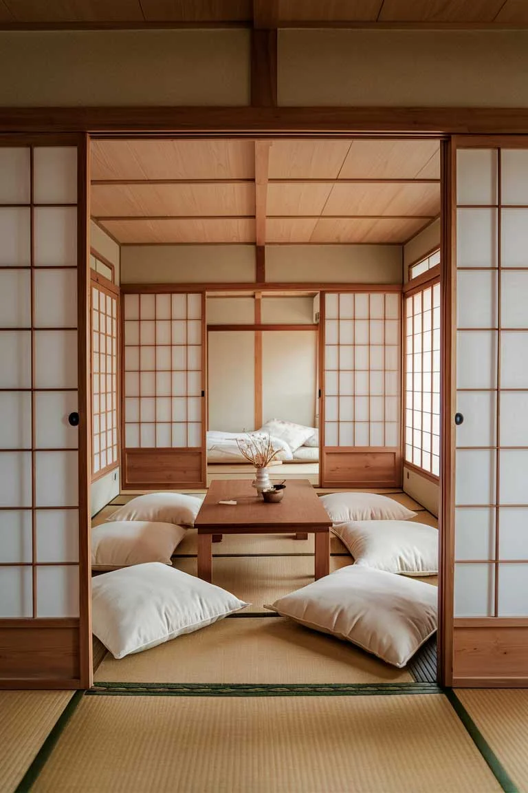 A serene tiny house interior with traditional Japanese elements. Tatami mats cover the floor, and shoji screens divide the space into flexible areas. A low wooden table sits in the center, surrounded by floor cushions. In one corner, a small indoor zen garden features carefully raked sand and a few smooth stones. The color palette is neutral, with soft creams and warm wood tones. Minimal decor and clean lines create a sense of calm and simplicity.