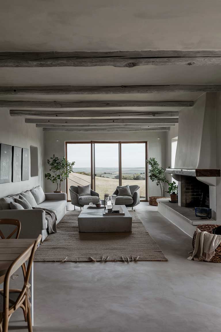 A serene and minimalist living room in a rustic farmhouse. The space features a simple color palette of whites, grays, and natural wood tones. The room includes a comfortable sofa, a large coffee table, and a cozy fireplace with a wooden mantle. A few potted plants and a few pieces of modern art adorn the walls, adding a touch of sophistication to the rustic setting. The floor-to-ceiling windows offer a breathtaking view of the surrounding countrysid