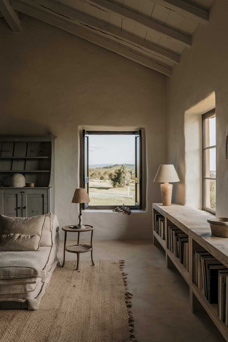 A serene and minimalist living room in a rustic farmhouse, showcasing simplicity and elegance. The space features a cozy couch, a wooden bookshelf, a small round table with a lamp, and a large window overlooking the picturesque countryside. The walls are painted in soothing neutral tones, and the floor is covered with a soft, natural-colored rug. The overall atmosphere is warm and inviting, perfect for relaxation and contemplation