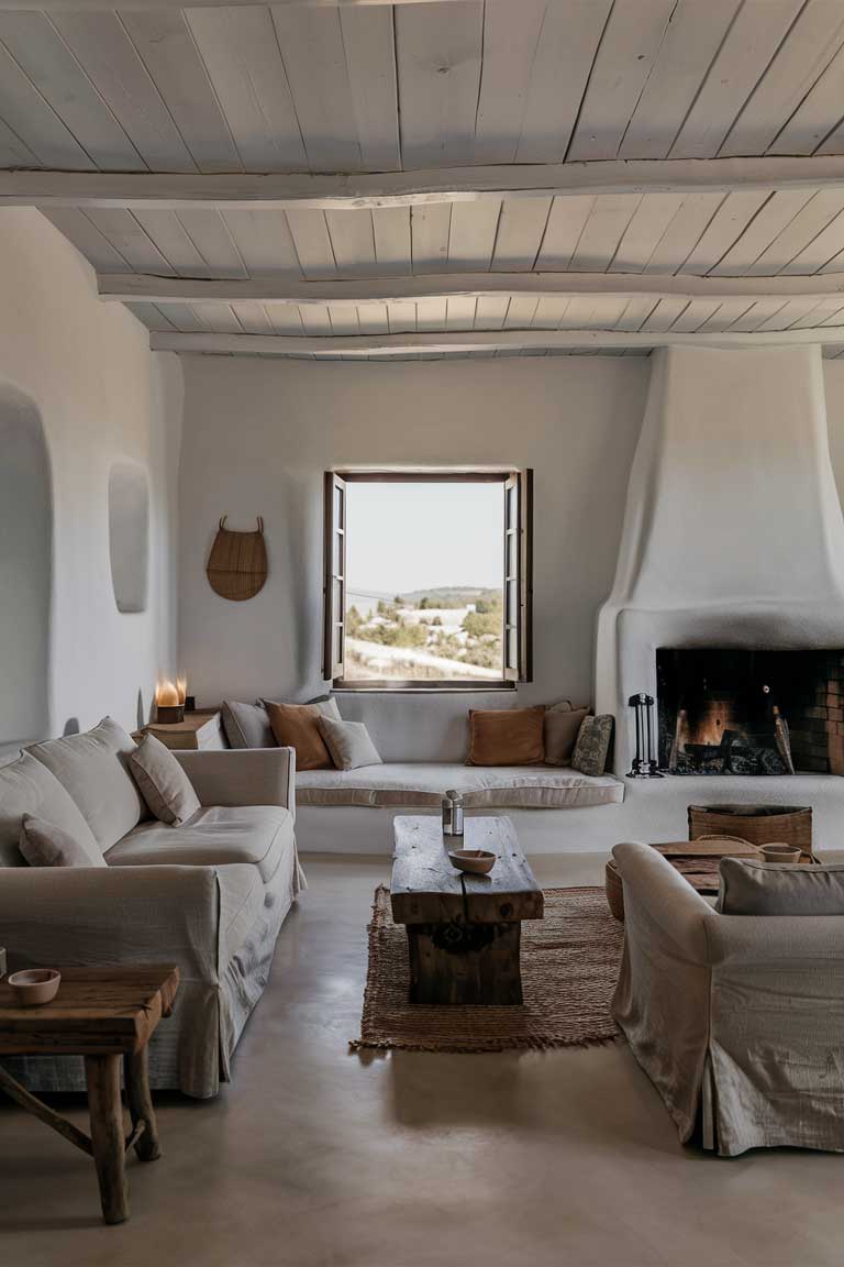 A serene and minimalist living room of a farmhouse, showcasing a cozy and welcoming atmosphere. The room features a simple color palette of white and natural wood tones, with comfortable beige sofas and a large wood-burning fireplace. A few well-placed decorative pillows and a rustic wooden coffee table complete the look. A large window offers a picturesque view of the surrounding landscape, inviting the outside in and adding to the farmhouse charm.