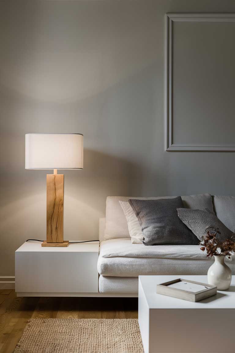 A minimalist living room with a natural wood table lamp, featuring a slim, rectangular base and a simple, white shade. The lamp sits on a low, white console table against a pale gray wall.