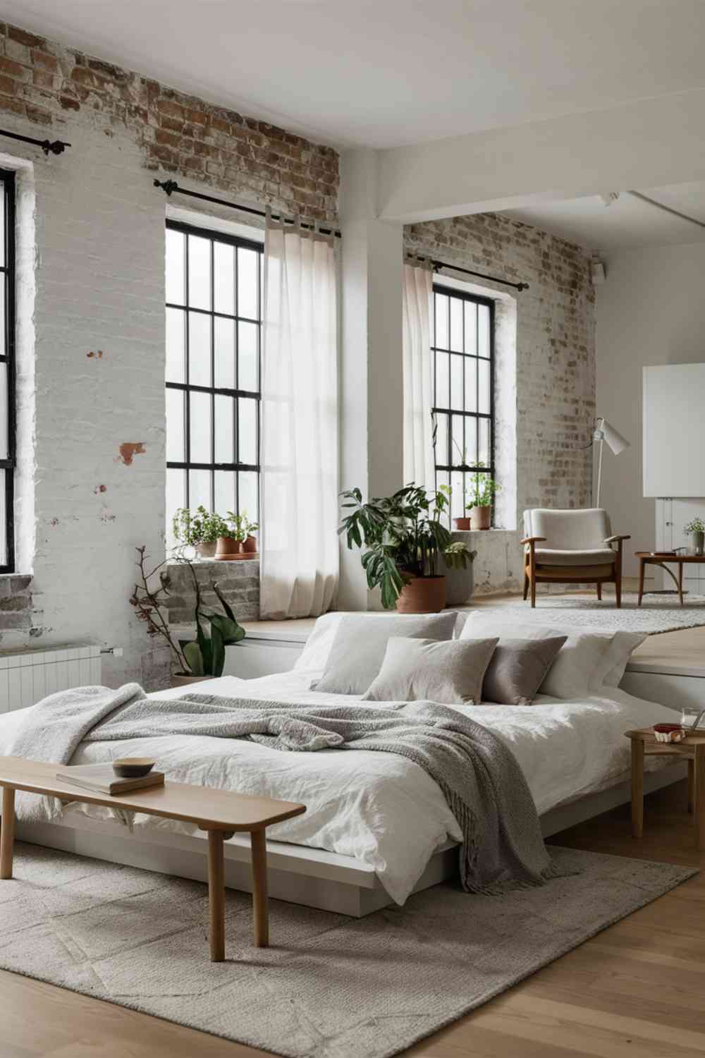 A Scandinavian minimalist bedroom in a loft space. Exposed brick walls painted white add texture. A low platform bed with crisp white linens and a light gray throw sits in the center. At the foot of the bed is a simple wooden bench. Large, black-framed industrial windows let in plenty of light. The open space seamlessly blends sleeping and living areas in true loft style.