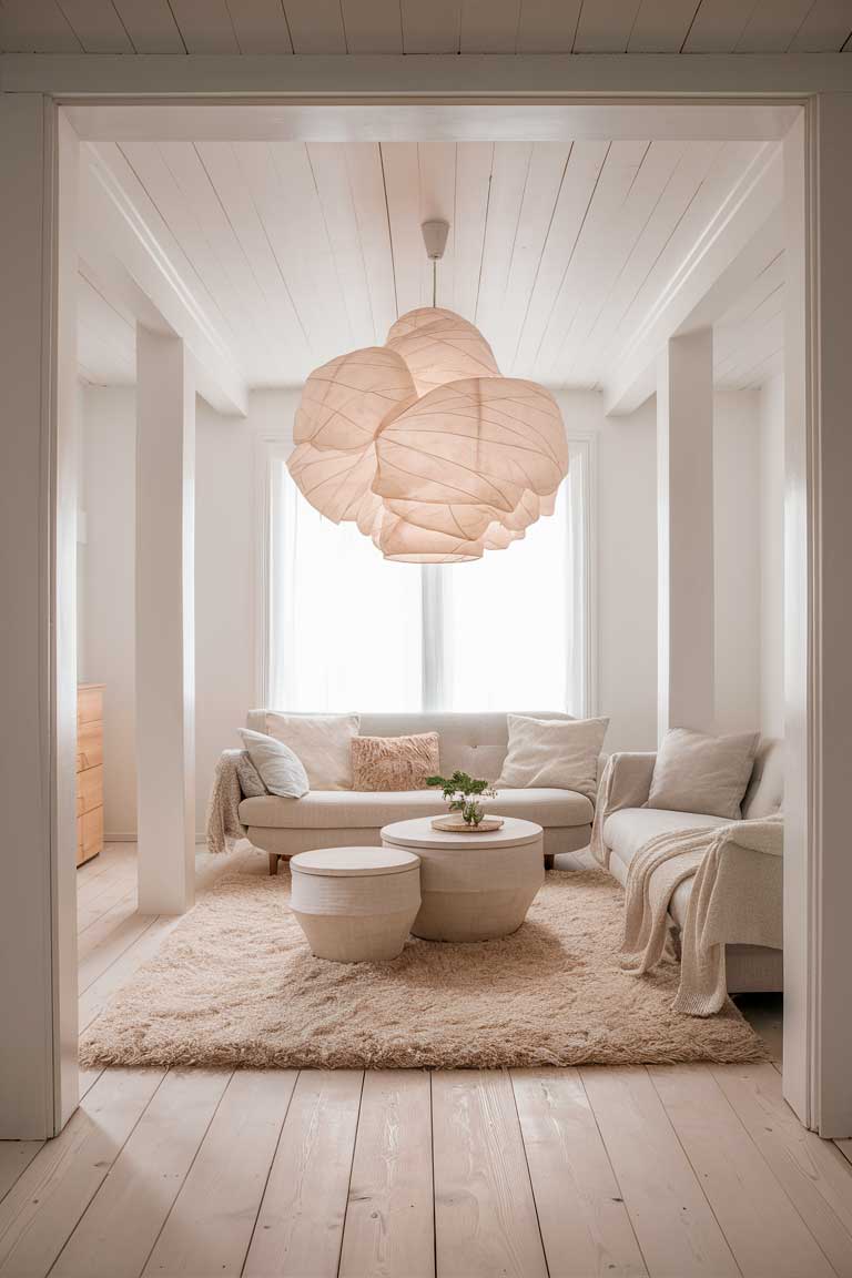 A Scandinavian-inspired minimalist living room with white walls and light wooden flooring. The room features a plush cream-colored area rug, a pale gray sofa, and a round nesting coffee table set. The main light source is a large, sculptural paper lantern pendant light, creating a soft, diffused glow throughout the space.