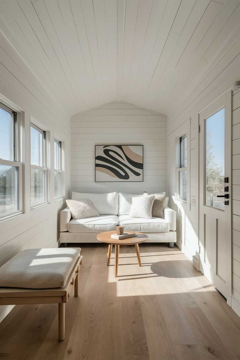 A bright, airy tiny house living room with white walls, light wood flooring, and a few carefully chosen pieces of furniture. A small white sofa, a round wooden coffee table, and a single piece of modern art on the wall. Large windows let in plenty of natural light, making the space feel open and uncluttered.