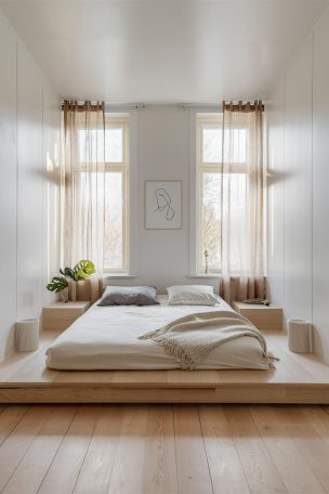 A serene and minimalistic bedroom design features a small, bright space with a low platform bed.